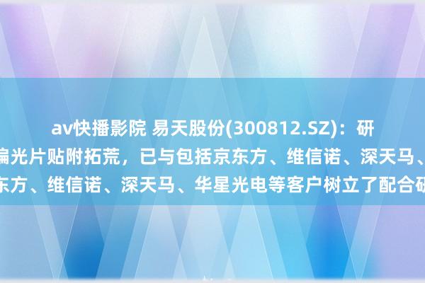 av快播影院 易天股份(300812.SZ):研发并推出的全自动柔性面板偏光片贴附拓荒,已与包括京东方、维信诺、深天马、华星光电等客户树立了配合研究